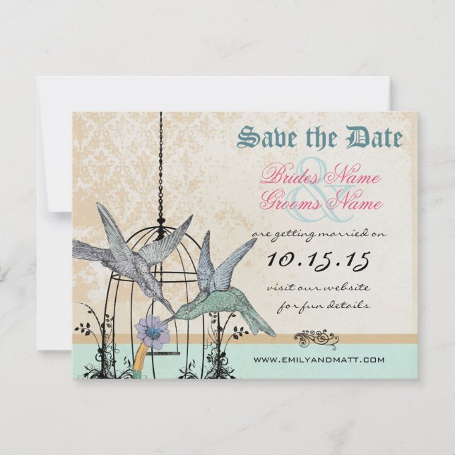 Damask Hummingbird  Birdcage Wedding Save the Date Invitation (Front)