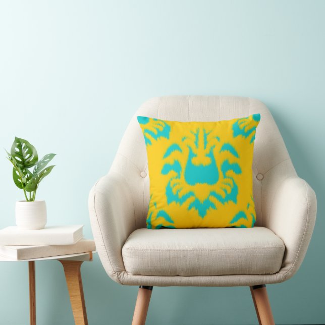 Damask Ikat Mustard Yellow Bright Aqua Pillow (Chair)