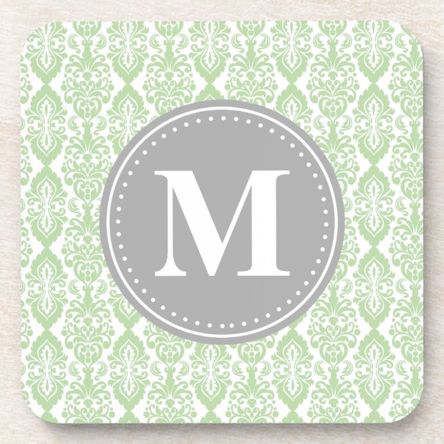Damask in Mint Green Grey Monogram Coaster (Front)