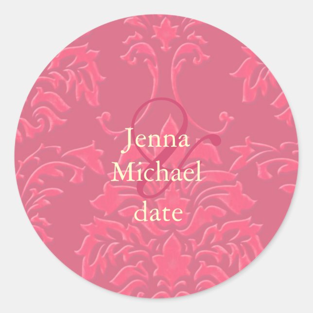 Damask in raspberry wedding stickers (Front)