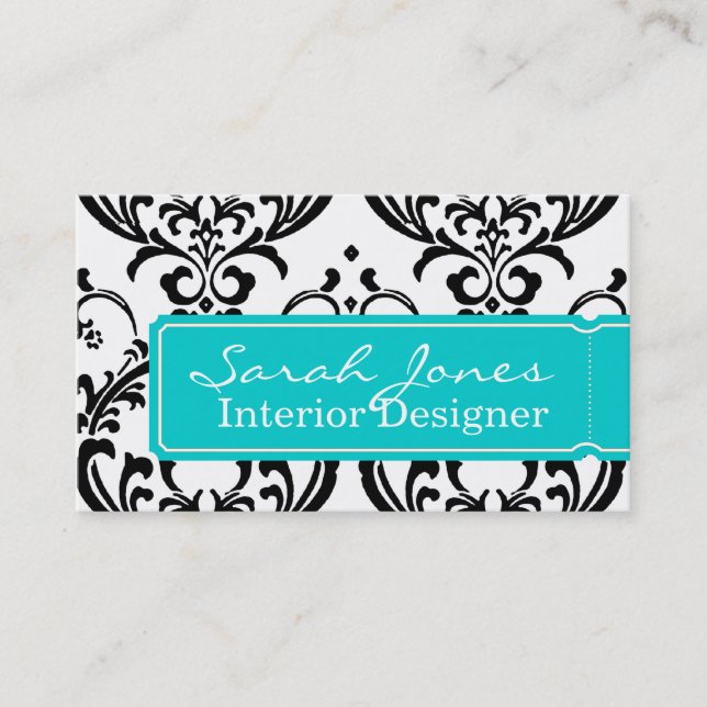 Damask Interior Design Business Card Aqua Blue (Front)