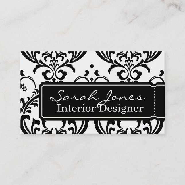 Damask Interior Design Business Card Black White (Front)