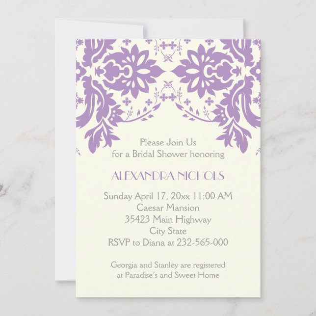 Damask lavender, grey, ivory wedding bridal shower invitation (Front)