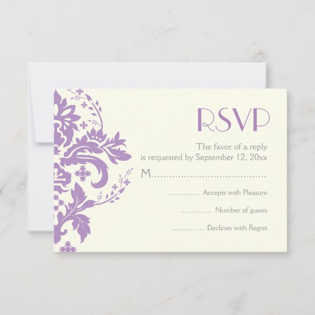 Damask lavender grey ivory wedding RSVP reply card (Front)