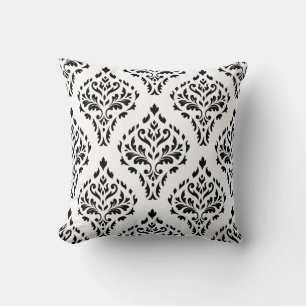 Damask Leafy Baroque Repeat Pattern B&W II Cushion