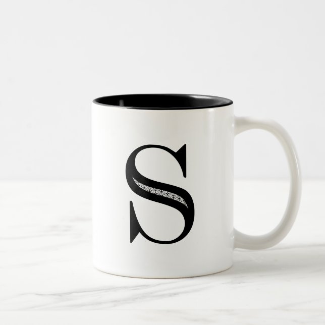 Damask Letter S - Black Two-Tone Coffee Mug (Right)