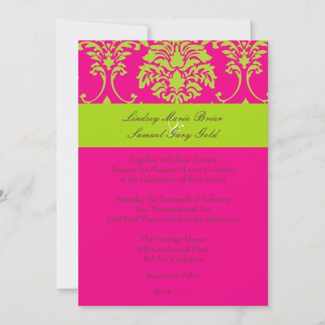 Damask/lime green/hot pink invitation (Front)
