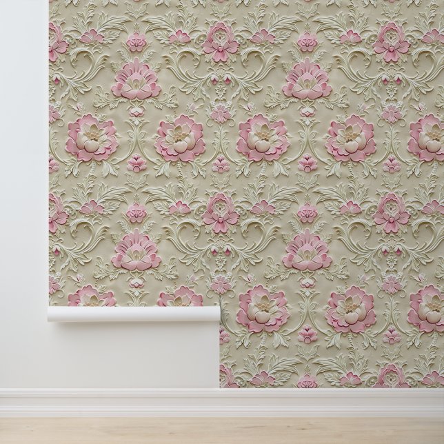 Damask luxury beige texture pink rose blossom wallpaper (Application)