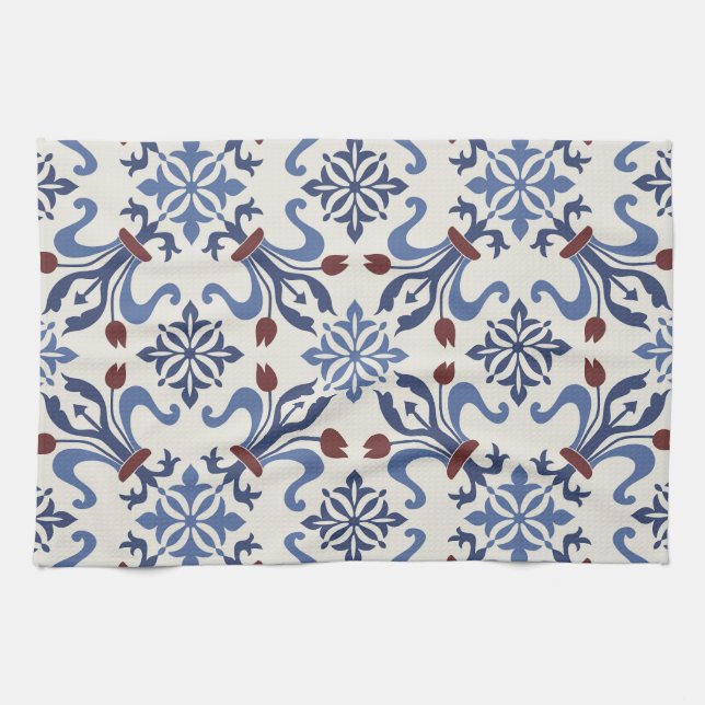 Damask Majolica Pottery Tile Design Tea Towel (Horizontal)