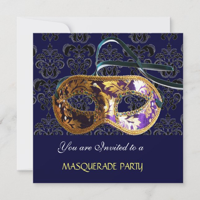 DAMASK MASQUERADE PARTY  blue Invitation (Front)
