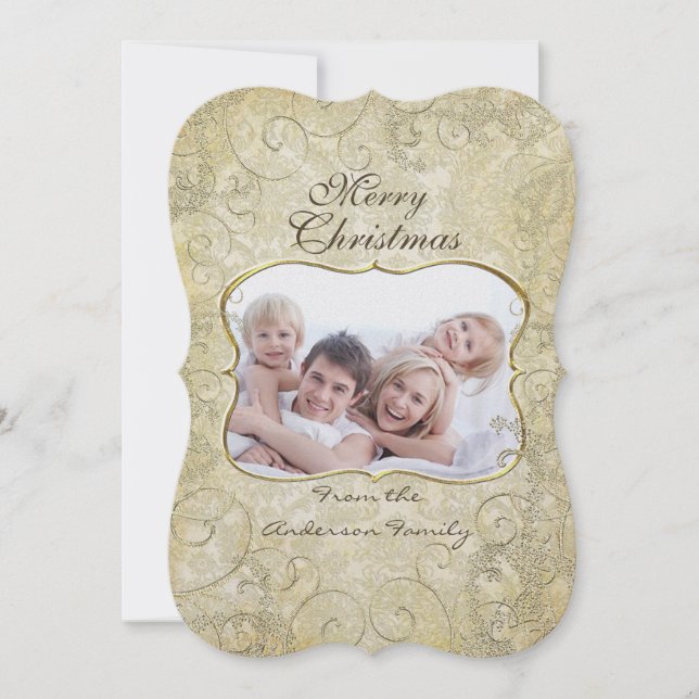 Damask Merry Christmas Gold Frame Your Photo  Holiday Card (Front)
