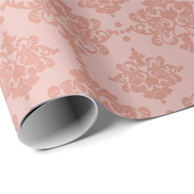 Damask Metallic Royal Floral Pink Rose Gold Blush Wrapping Paper (Roll Corner)
