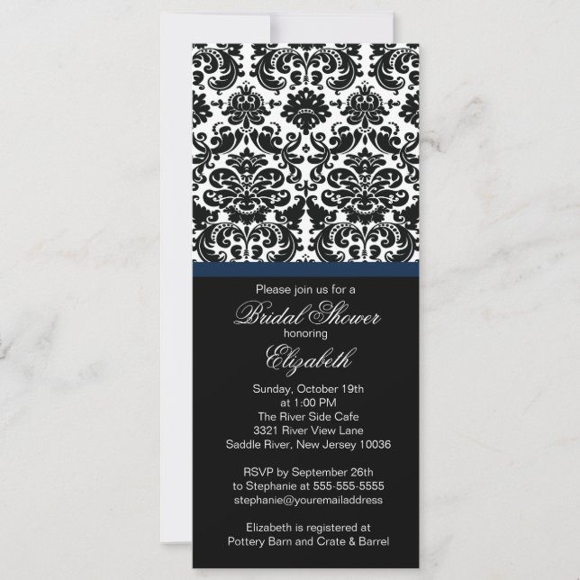 Damask Midnight Blue Bridal Shower Invitation (Front)