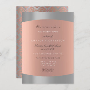 Damask Minimal Grey Rose Gold Elegant Royal Invitation