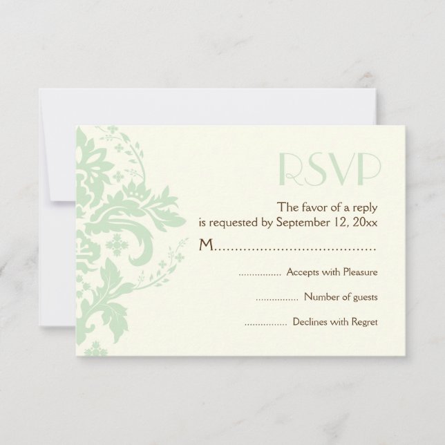 Damask mint green, ivory wedding RSVP reply card (Front)