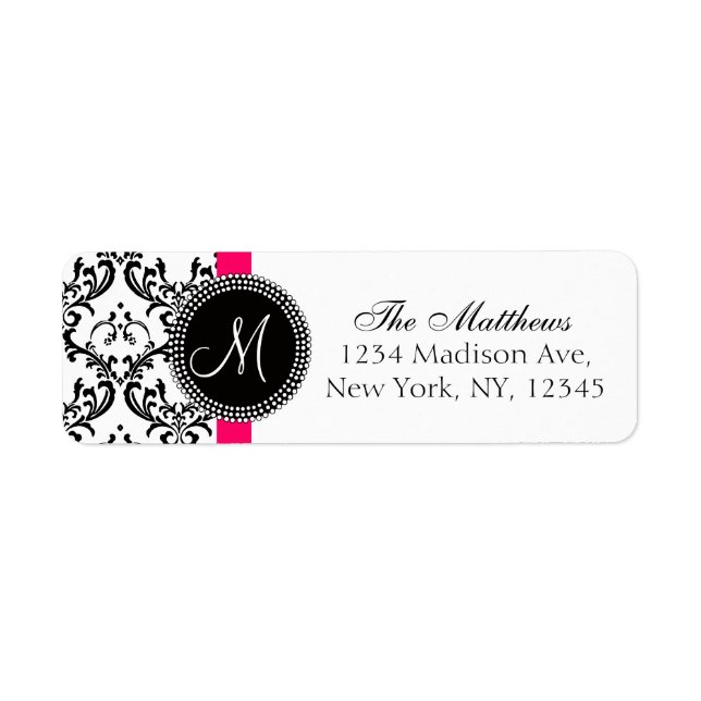 Damask Monogram Address Labels Black White (Front)