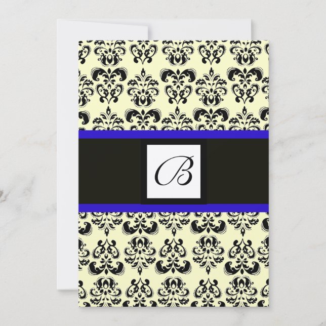 DAMASK MONOGRAM,black and white,blue gold metallic Invitation (Front)