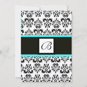 DAMASK MONOGRAM,black and white,blue turquase Invitation