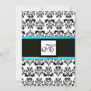 DAMASK MONOGRAM,black and white,blue turquase Invitation