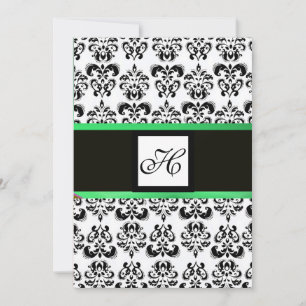 DAMASK MONOGRAM,black and white, emerald green Invitation