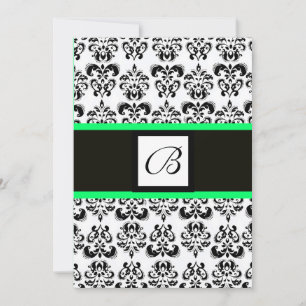 DAMASK MONOGRAM,black and white,green Invitation