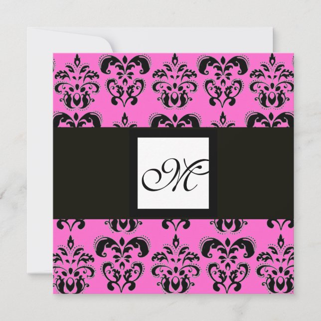 DAMASK MONOGRAM,black and white,pink fuchsia Invitation (Front)