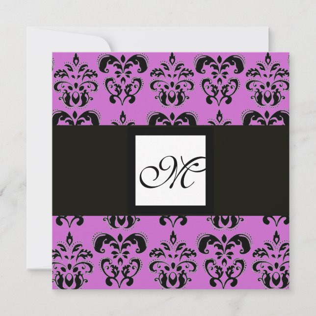 DAMASK MONOGRAM,black and white,purple Invitation (Front)