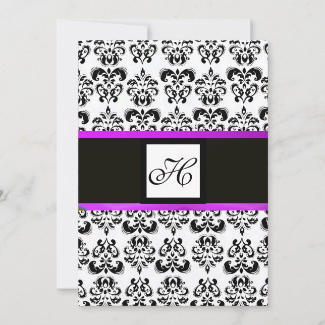 DAMASK MONOGRAM,black and white, purple Invitation (Front)