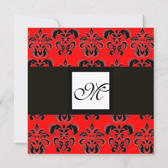 DAMASK MONOGRAM,black and white, red Invitation (Front)