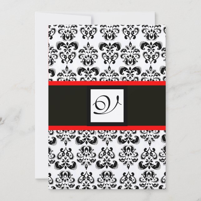 DAMASK MONOGRAM,Black,White,Red Champagne Metallic Invitation (Front)