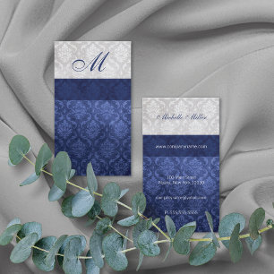Damask Monogram Blue Grey Business Card