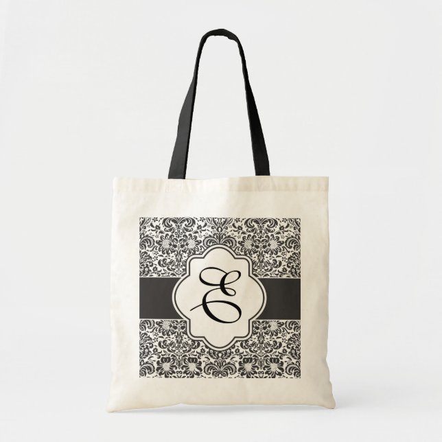 Damask Monogram Bridesmaid Tote Black Handles (Front)