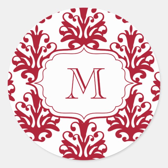 Damask Monogram Envelope Seals Stickers Red (Front)