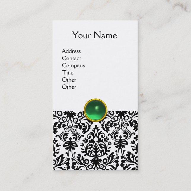 DAMASK MONOGRAM gem green white Business Card (Front)