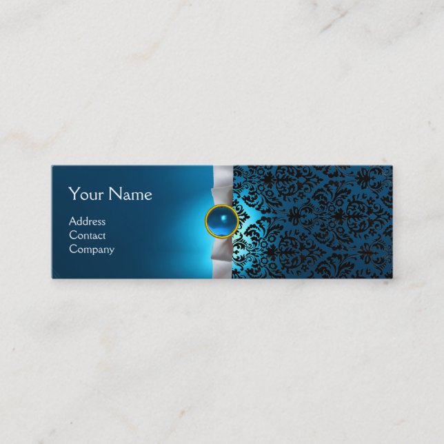 DAMASK MONOGRAM gem ribbon white blue Mini Business Card (Front)
