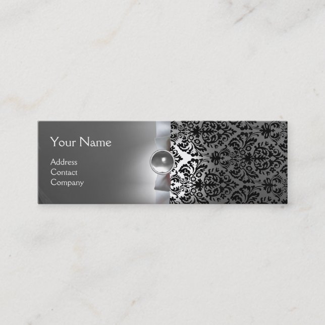 DAMASK MONOGRAM gem ribbon white Mini Business Card (Front)