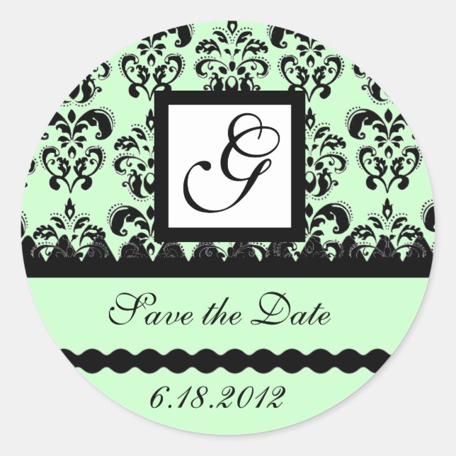 DAMASK MONOGRAM ,green Classic Round Sticker (Front)