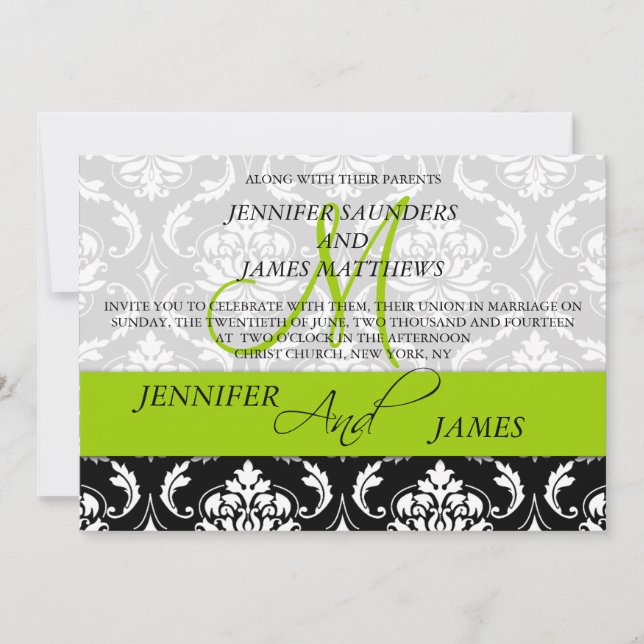 Damask Monogram Names Green Wedding Invitation (Front)