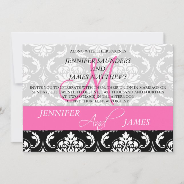 Damask Monogram Names Hot Pink Wedding Invitation (Front)