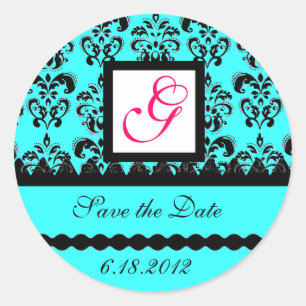 DAMASK MONOGRAM,pink fuchsia blue turquase Classic Round Sticker