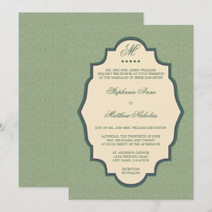 Damask Monogram Sage Green Wedding Invitation