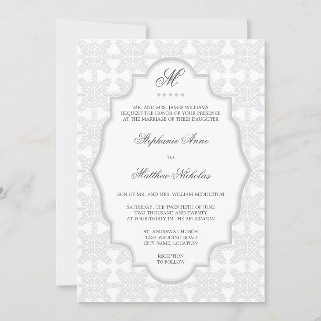 Damask Monogram Silver Grey Wedding Invitation (Front)