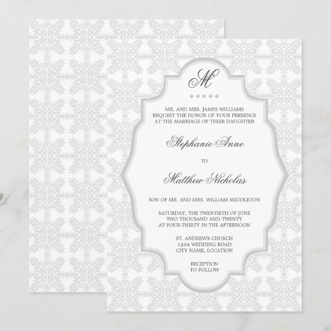 Damask Monogram Silver Grey Wedding Invitation (Front/Back)