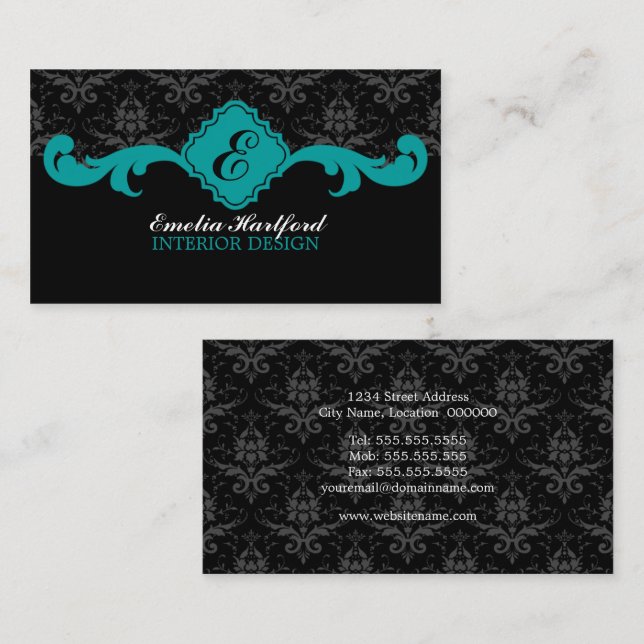 Damask Monogram Teal Business Cards (Front/Back)