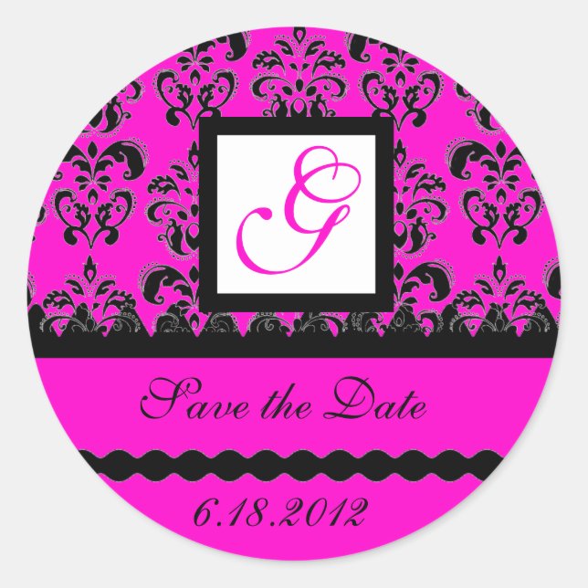 DAMASK MONOGRAM, violet fuchsia Classic Round Sticker (Front)