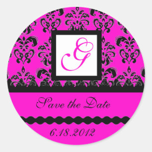 DAMASK MONOGRAM, violet fuchsia Classic Round Sticker
