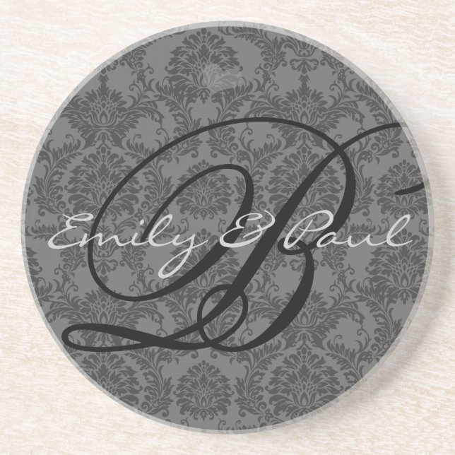 Damask Monogram Wedding Anniversary Coasters (Front)