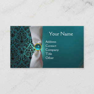 DAMASK MONOGRAM white ribbon black blue aquamarine Business Card