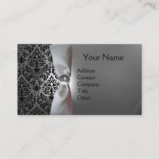 DAMASK MONOGRAM white ribbon black Business Card (Front)