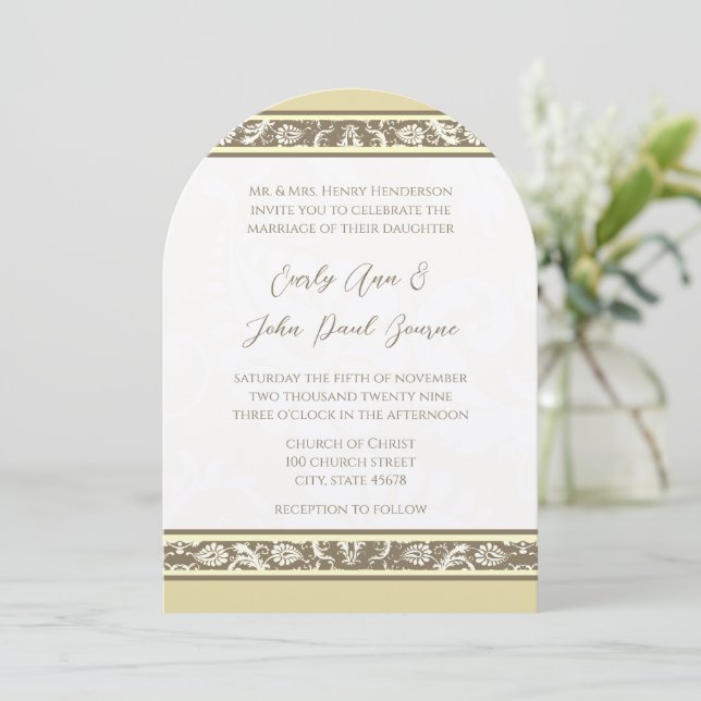 Damask Monogram Yellow Gray Wedding Invitation (Standing Front)